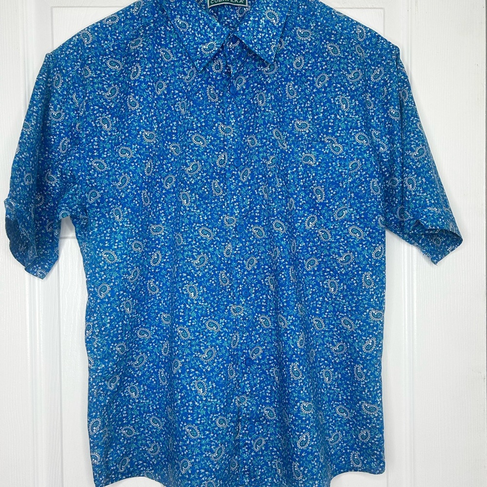 Cubavera Blue Casual Button Down Shirt with Floral Pattern size L